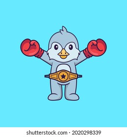 Cute bird in boxer costume with champion belt. Animal cartoon concept isolated. Can used for t-shirt, greeting card, invitation card or mascot.