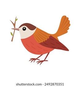 cute bird with branch over white background. colorful design. vector illustration