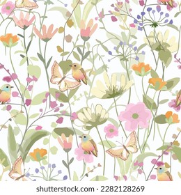 Cute bird and butterfly in flower garden aseamless pattern 