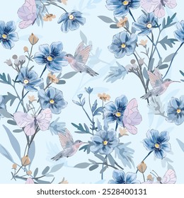 Cute bird and butterfly in flower garden seamless pattern