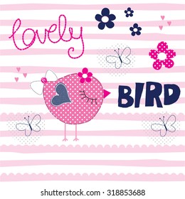 cute bird with butterfly on striped background vector illustration