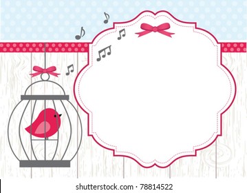 Cute bird in bird cage greeting
