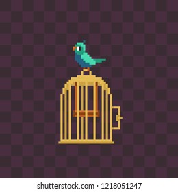 cute bird with cage. Pixel art style