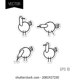 Cute bird cartoon character. Hen, chicken or seagull sticker pack. Hand-drawn logo, t-shirt, print or tattoo vector illustration.