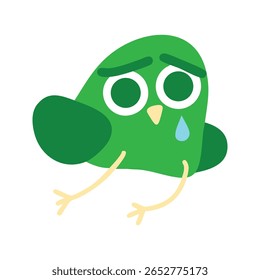 Cute bird cartoon flying on white background. Green bird crying. Sad bird with tear. Distressed expression. Sad face animal character. Crying emoticon. Cartoon avian. Vector illustration, EPS 10.