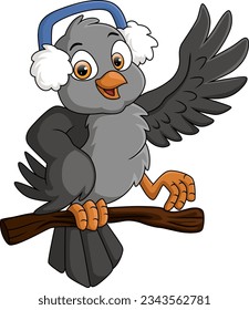 Cute bird cartoon wearing headphone on tree branch