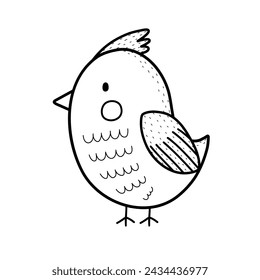 Lindo personaje de ave en blanco y negro. Animal divertido en contorno para colorear. Estampado de garabatos para niños y diseño de guardería. Ilustración de vector