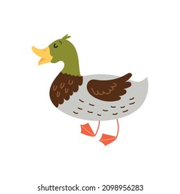 Cute bird character duck hand drawn naive art