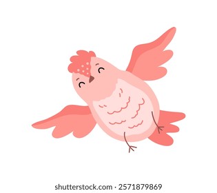 Cute bird character with plumage and feathers flying. Vector avian animal, zoology and ornithology. Zoo park or wilderness biodiversity. Nature and wildlife, fauna with habitat and growth outdoors