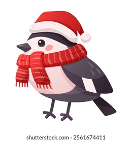 Cute bird character in red cap and scarf