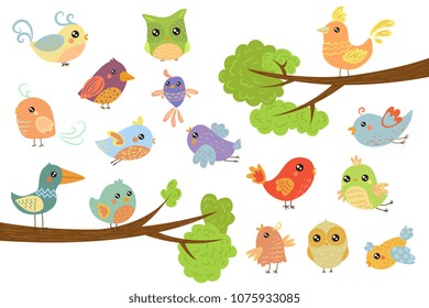 Cute bird characters set, cute colorful cartoon birds flying, singing, sitting on the branch vector Illustrations on a white background