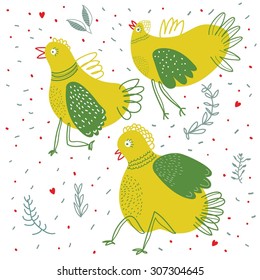 Cute bird , chicken ,  heart , vector seamless, cartoon 