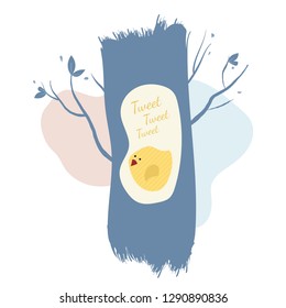 Cute bird chirps in the hollow of a tree. Gentle illustration in pastel colors.