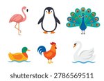 Cute Bird Clipart Set, Flat Vector Flamingo, Penguin, Peacock, Duck, Rooster and Swan for Kids Education and Nursery Wall Art