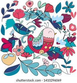 Cute Bird in colorful floral flower garden doodle branch,illustration vector by freehand drawn comic art,for textile prints or card background