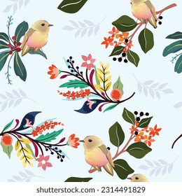 Cute bird in colorful flower seamless pattern 