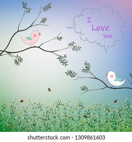 Cute bird couple fall in love in the garden for romantic Valentine's day,greeting card,kid product,t-shirt,print or textile,vector illustration