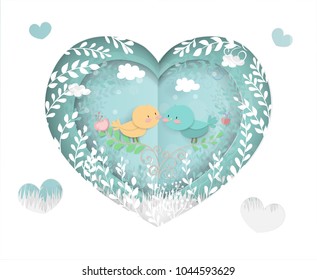 Cute bird couple in the forest with heart shape cave, paper cut style vector illustration.