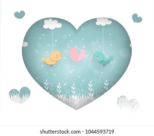 Cute bird couple in the forest with heart shape cave, paper cut style vector illustration.
