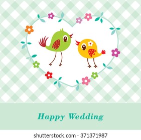 cute bird couple happy wedding invitation card vector illustration