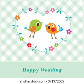 cute bird couple happy wedding invitation card vector illustration