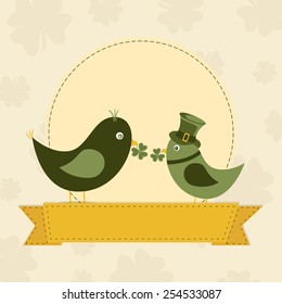 Cute bird couple in leprechaun hats, holding shamrock leaves in their beak on vintage seamless background. 