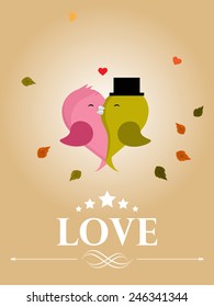 Cute bird couple in love on shiny brown background for Happy Valentines Day celebration.