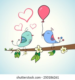 Cute bird couple on blossom branch. Doodle vector illustration