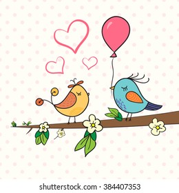 Cute bird couple on blossom branch. Doodle vector illustration