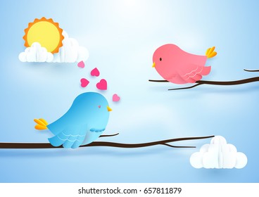 Cute bird couple on branches. Love concept. Paper art and craft style