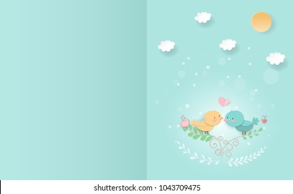 Cute bird couple, paper cut style vector illustration.