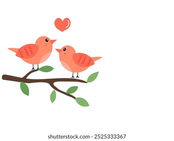 Cute bird couple, red heart and tree branch isolated on white background vector.