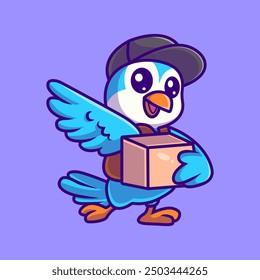 Cute bird courier service cartoon icon illustration