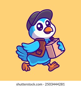 Cute bird courier service cartoon icon illustration