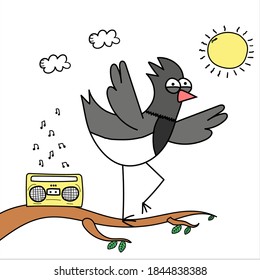 Cute bird dancing and listening music on a branch