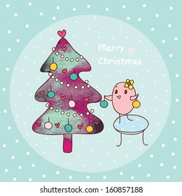 cute bird decorates a Christmas tree. vector illustration.