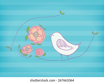 cute bird and decorative flowers. vector illustration.