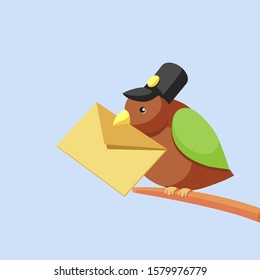 Cute bird delivering letter, bird of cartoon style, vector illustration.