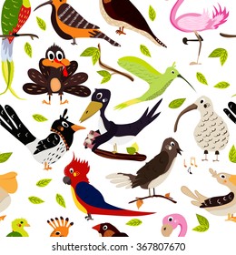 Cute bird design seamless texture on white background. Cartoon style. Vector illustration