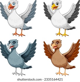 A cute bird with different coloured feathers is spreading its wings in a vector cartoon illustration style illustration