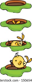 Cute bird in different positions on garden hole eating a worm
