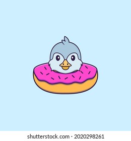 Cute bird with a donut on his neck. Animal cartoon concept isolated. Can used for t-shirt, greeting card, invitation card or mascot.