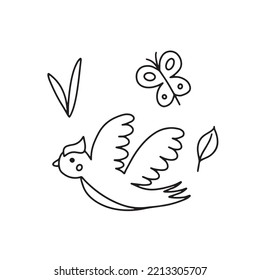 Cute bird in doodle style. Coloring book for children. Vector illustration isolated on white background for your design