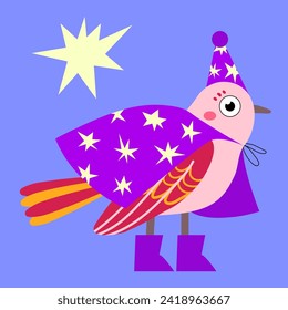  Cute bird dressed as a magician. Vector card, poster for kids