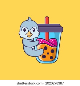 Cute bird Drinking Boba milk tea. Animal cartoon concept isolated. Can used for t-shirt, greeting card, invitation card or mascot.