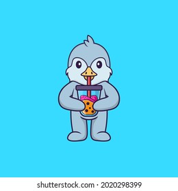 Cute bird Drinking Boba milk tea. Animal cartoon concept isolated. Can used for t-shirt, greeting card, invitation card or mascot.