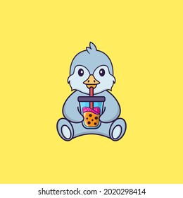 Cute bird Drinking Boba milk tea. Animal cartoon concept isolated. Can used for t-shirt, greeting card, invitation card or mascot.