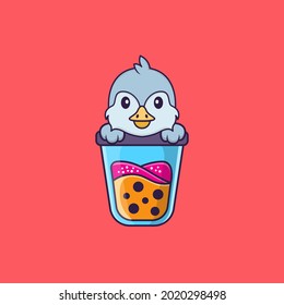 Cute bird Drinking Boba milk tea. Animal cartoon concept isolated. Can used for t-shirt, greeting card, invitation card or mascot.