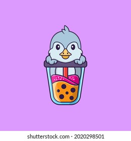 Cute bird Drinking Boba milk tea. Animal cartoon concept isolated. Can used for t-shirt, greeting card, invitation card or mascot.