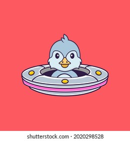Cute bird Driving Spaceship Ufo. Animal cartoon concept isolated. Can used for t-shirt, greeting card, invitation card or mascot.